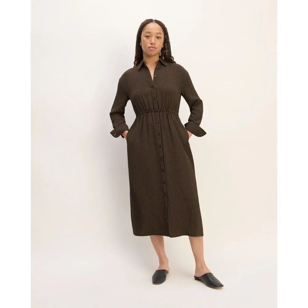 Everlane The Mini Jacquard Stripe Shirt Dress in Brown Black Large